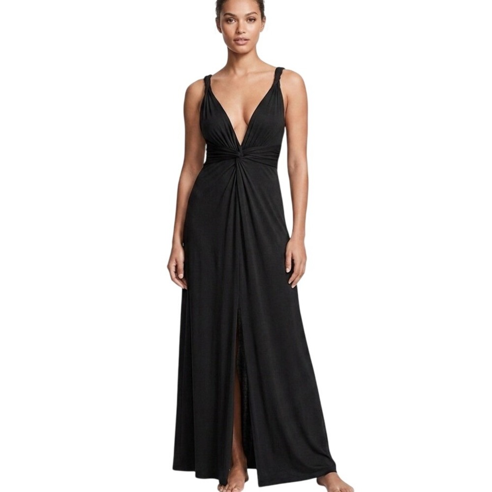 Victoria's Secret Maxi Dress Womens Large Black V-Neck Front Slit Empire Waist